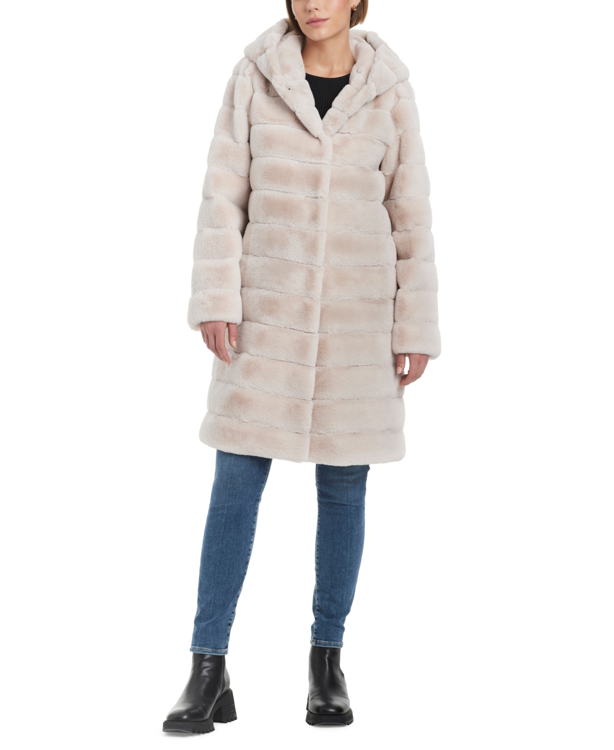 JONES NEW YORK WOMEN'S GROOVED FAUX-FUR HOODED COAT 