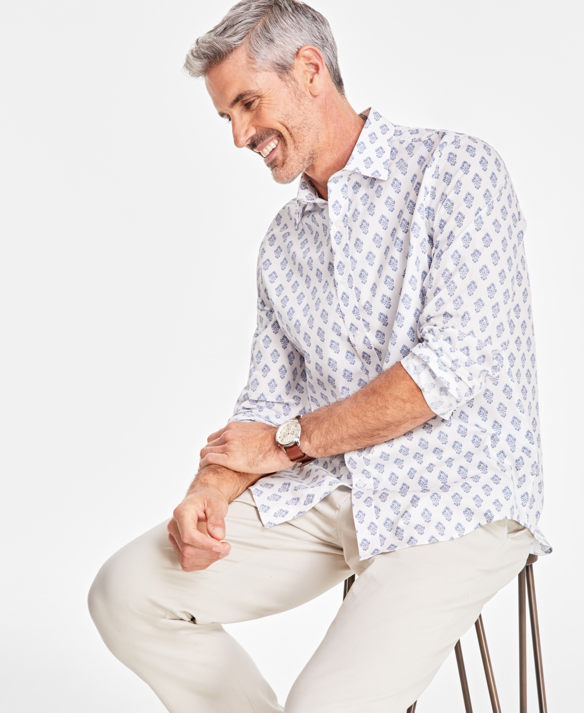 Club Room Men's Royal Foulard Refined Woven Long-Sleeve Button-Down Shirt, Created for Macy's
