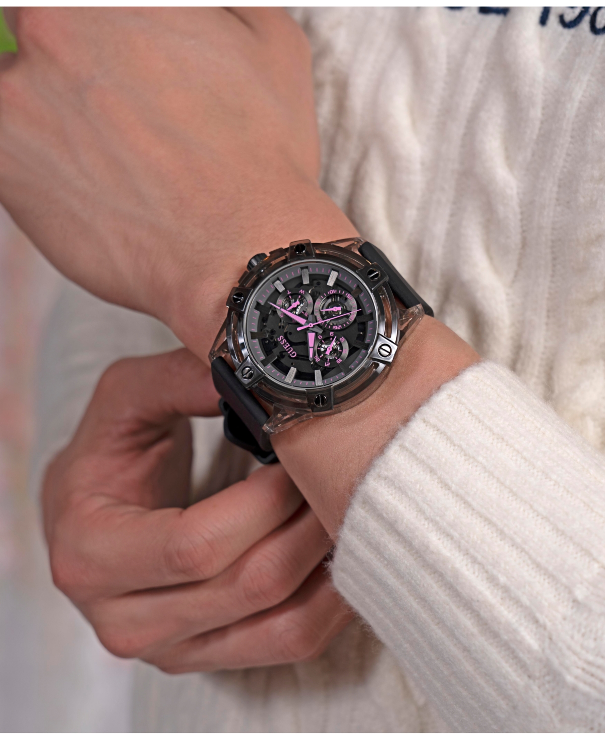 Guess Men's Multi-function Black Silicone Watch 48mm In Black