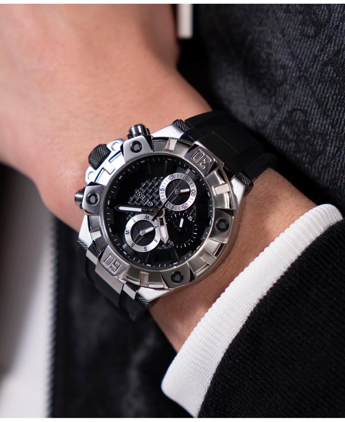 Guess Men's Multi-function Black Silicone Watch 46mm In Black