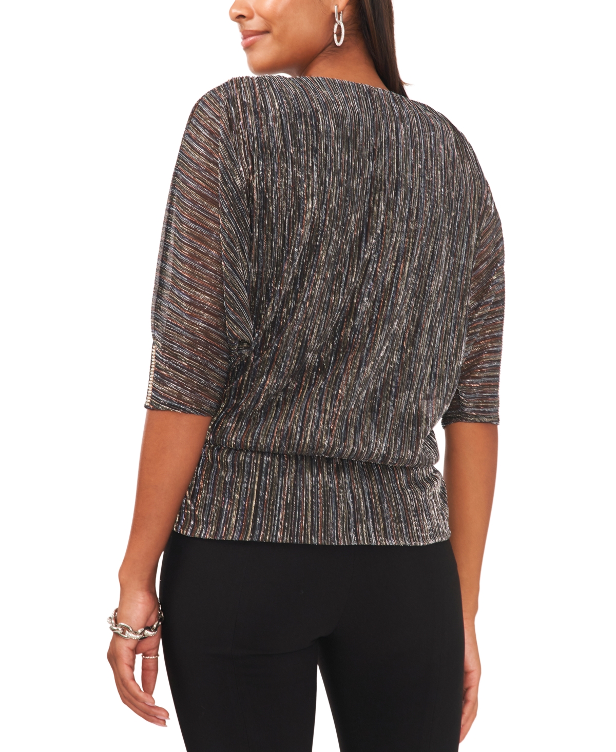 Msk Petite Metallic V-Neck Elbow-Sleeve Blouse -gold