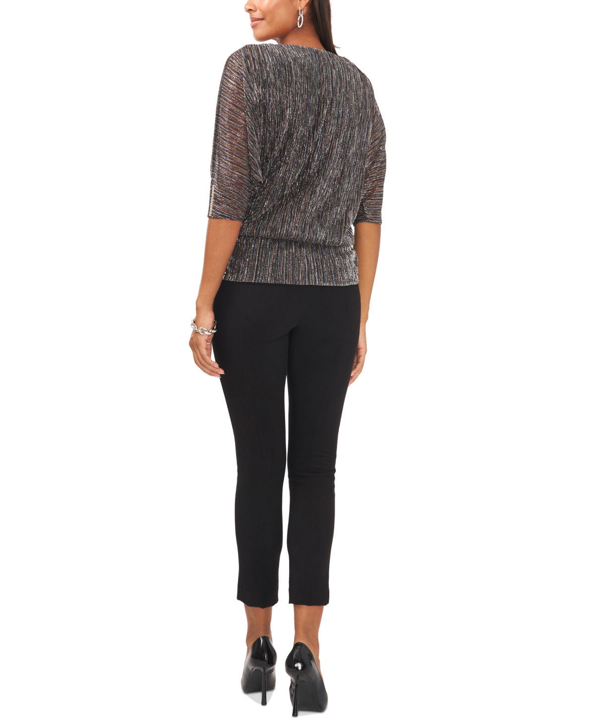 Msk Petite Metallic V-Neck Elbow-Sleeve Blouse -gold