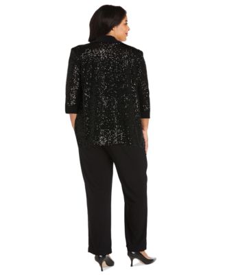 Plus Size Sequined Sleeveless Top, Open-Front Jacket & Pants Set