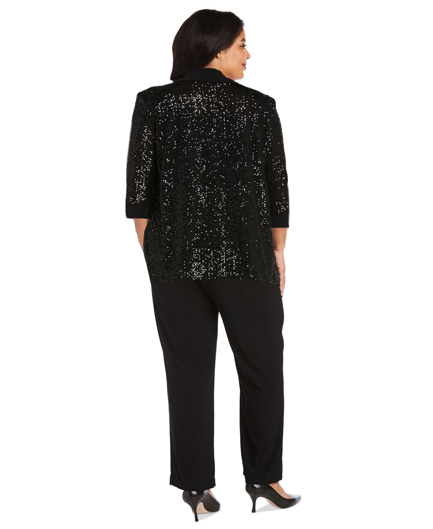 R & M Richards Plus Size Sequined Sleeveless Top, Open-Front Jacket & Pants Set, цвет: Чёрный — фото 4