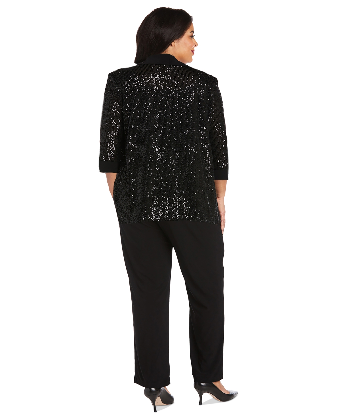 R & M Richards Plus Size Sequined Sleeveless Top, Open-front Jacket & Pants Set In Black