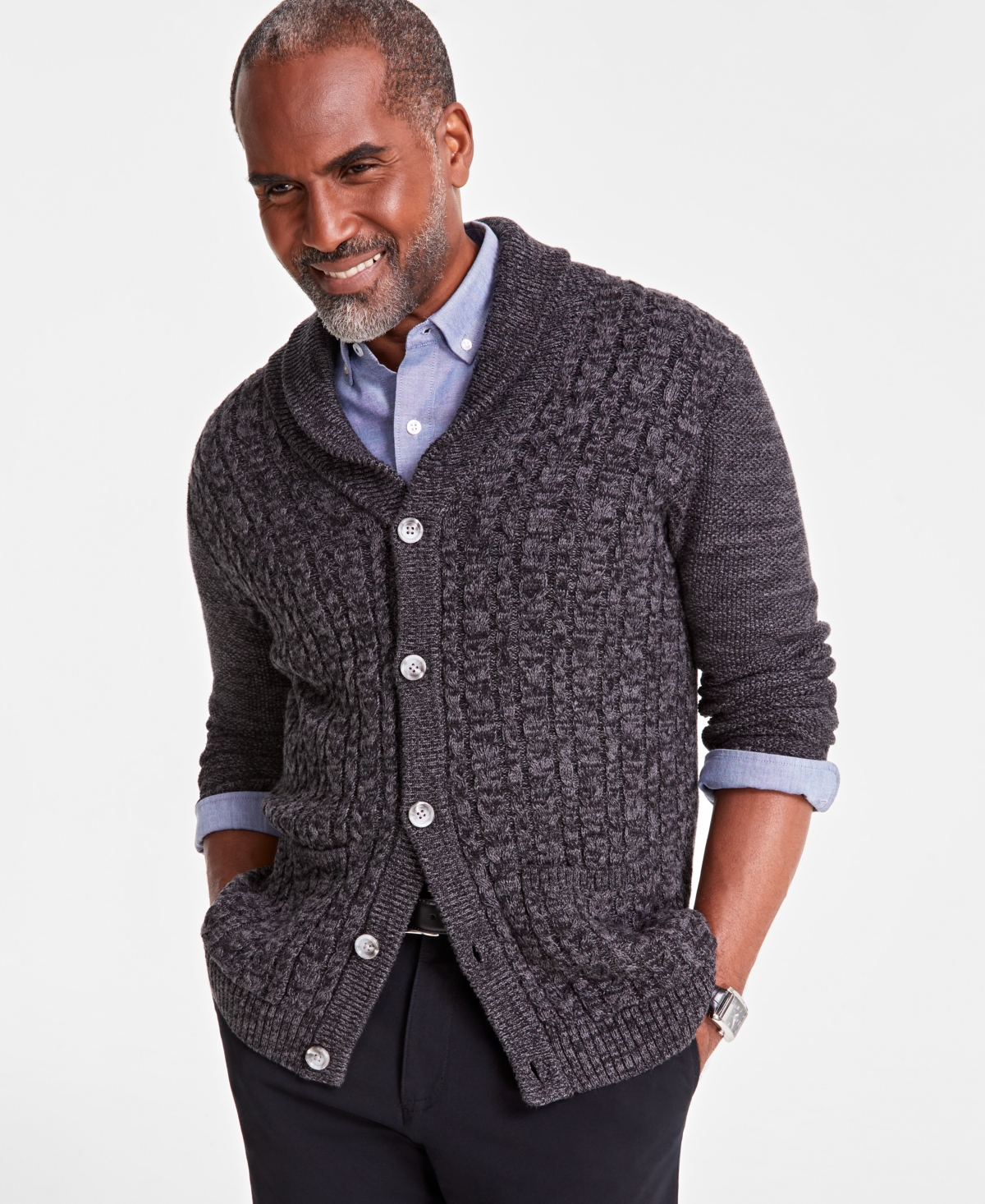 Club Room Men's Chunky Shawl Collar Cardigan Sweater, Created For Macy's In Deep Black