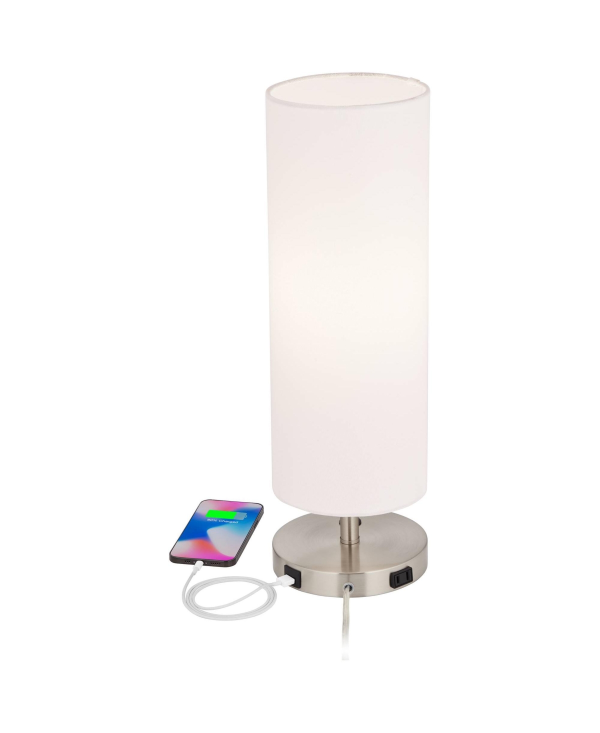 360 Lighting Heyburn Modern Accent Table Lamp with Hotel Style Usb and Ac Power Outlet in Base High Brushed Nickel Off White Cylinder Shade for Li