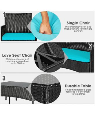 4 Pieces Patio Rattan Cushioned Sofa Set with Tempered Glass Coffee Table-Turquoise
