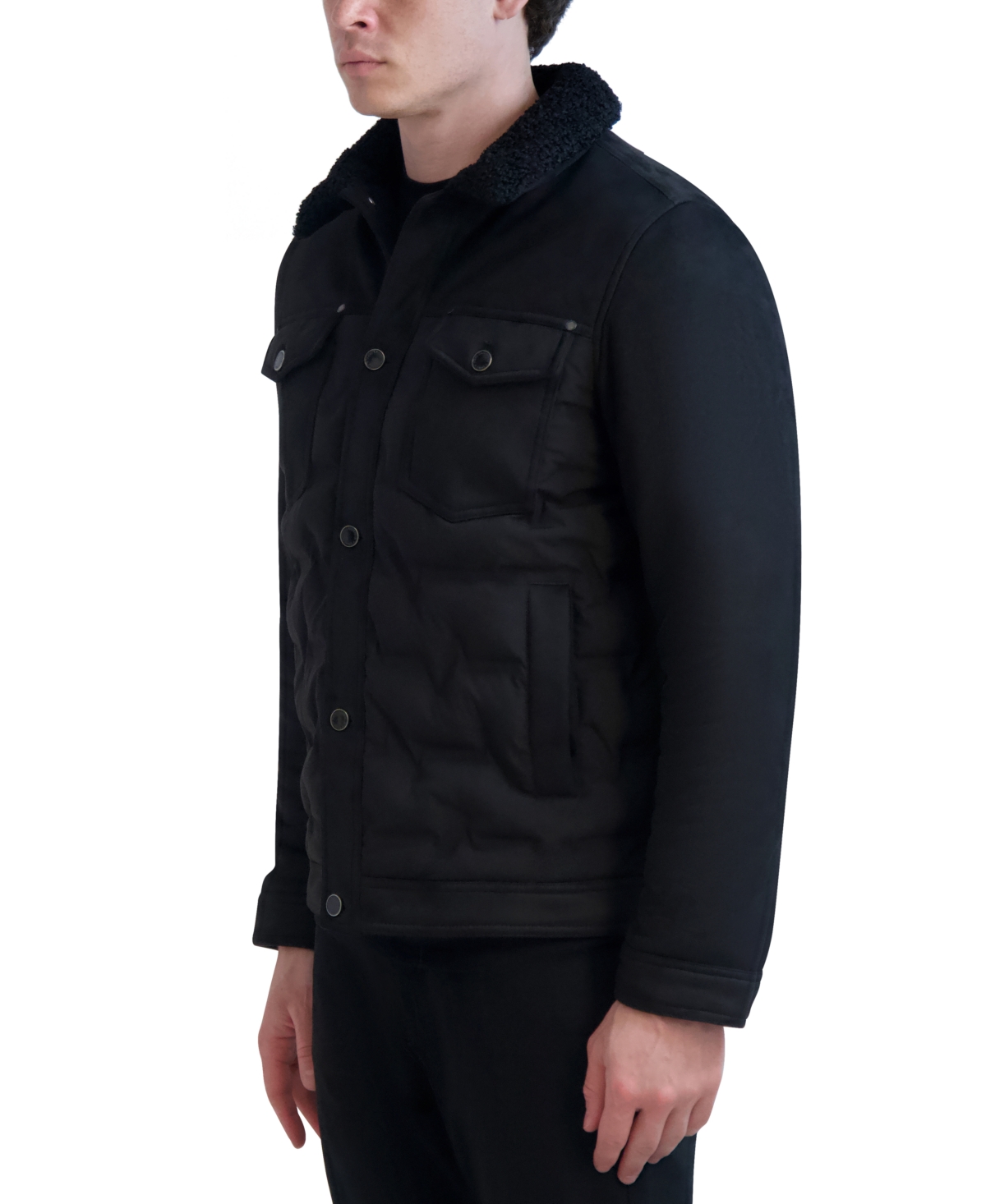 Karl Lagerfeld Men's Quilted Faux Fur Trim Trucker Jacket In Black