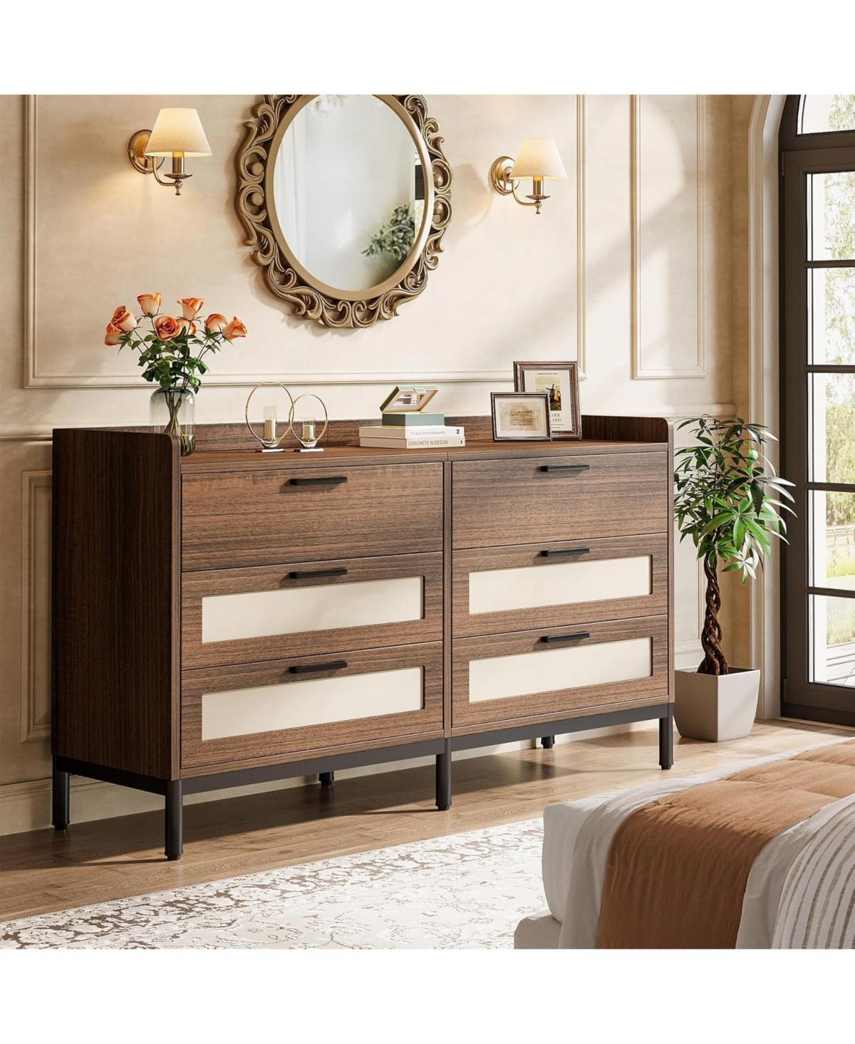 Tribesigns 6-Drawer Dresser for Bedroom, Mid-Century Rustic Chest of Drawers, Wide Wood Storage Long Double Dresser Organizer for Nursery Bedroom