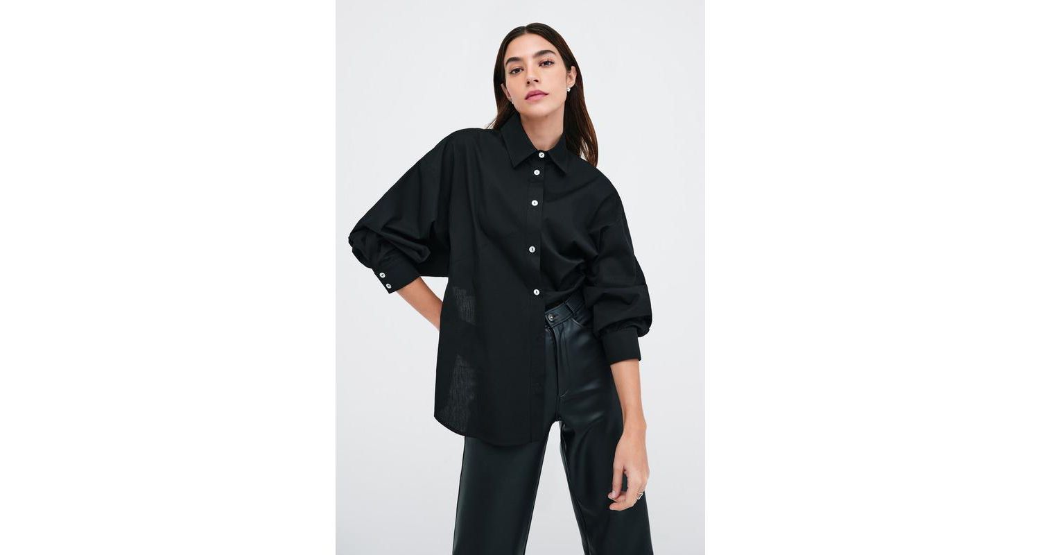 Women's Ezra Cropped-Back Cotton Poplin Button-Up Shirt with Dolman Sleeves