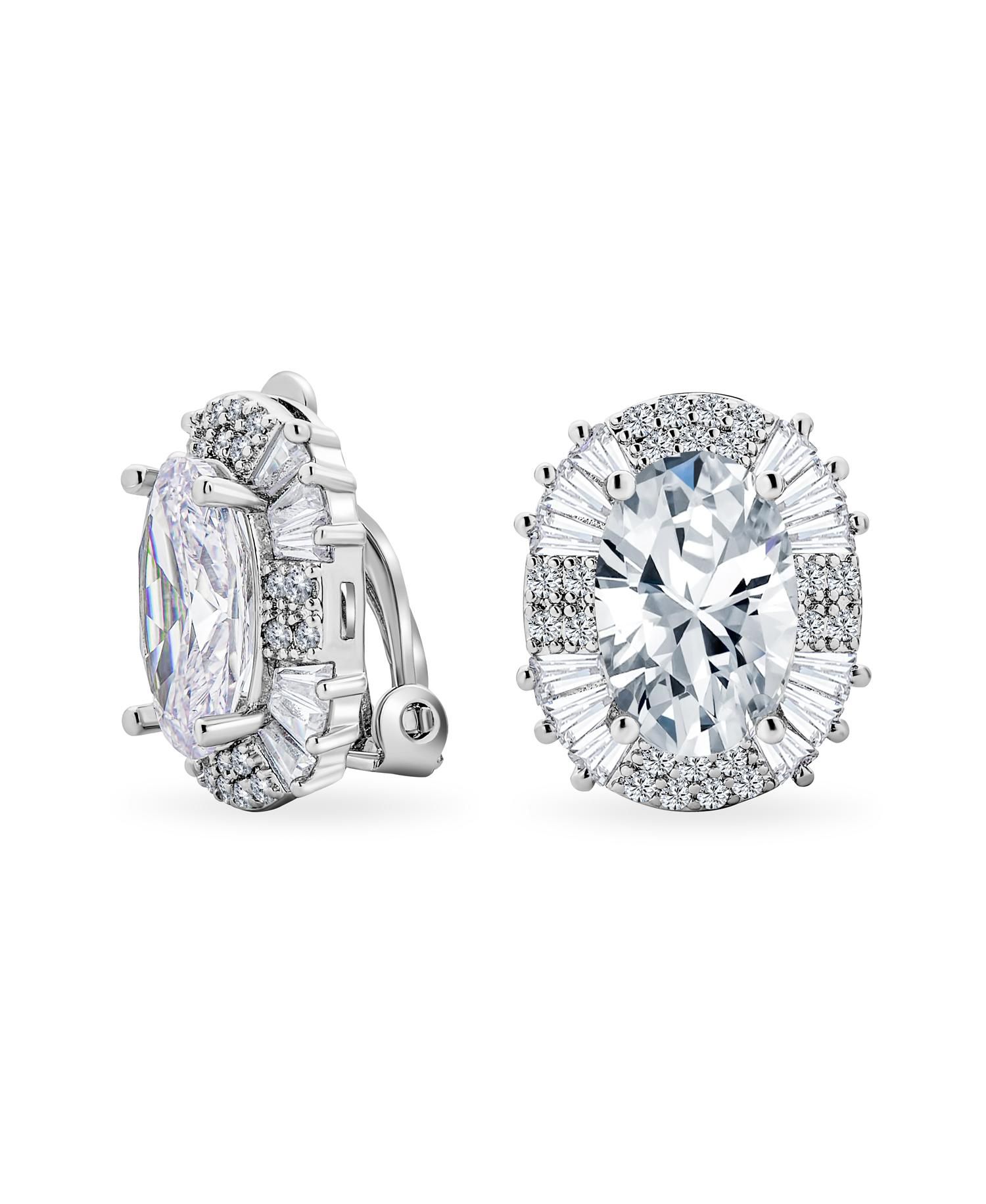 Art Deco Style Oval Baguette Halo CZ Cocktail Stud Clip On Earrings