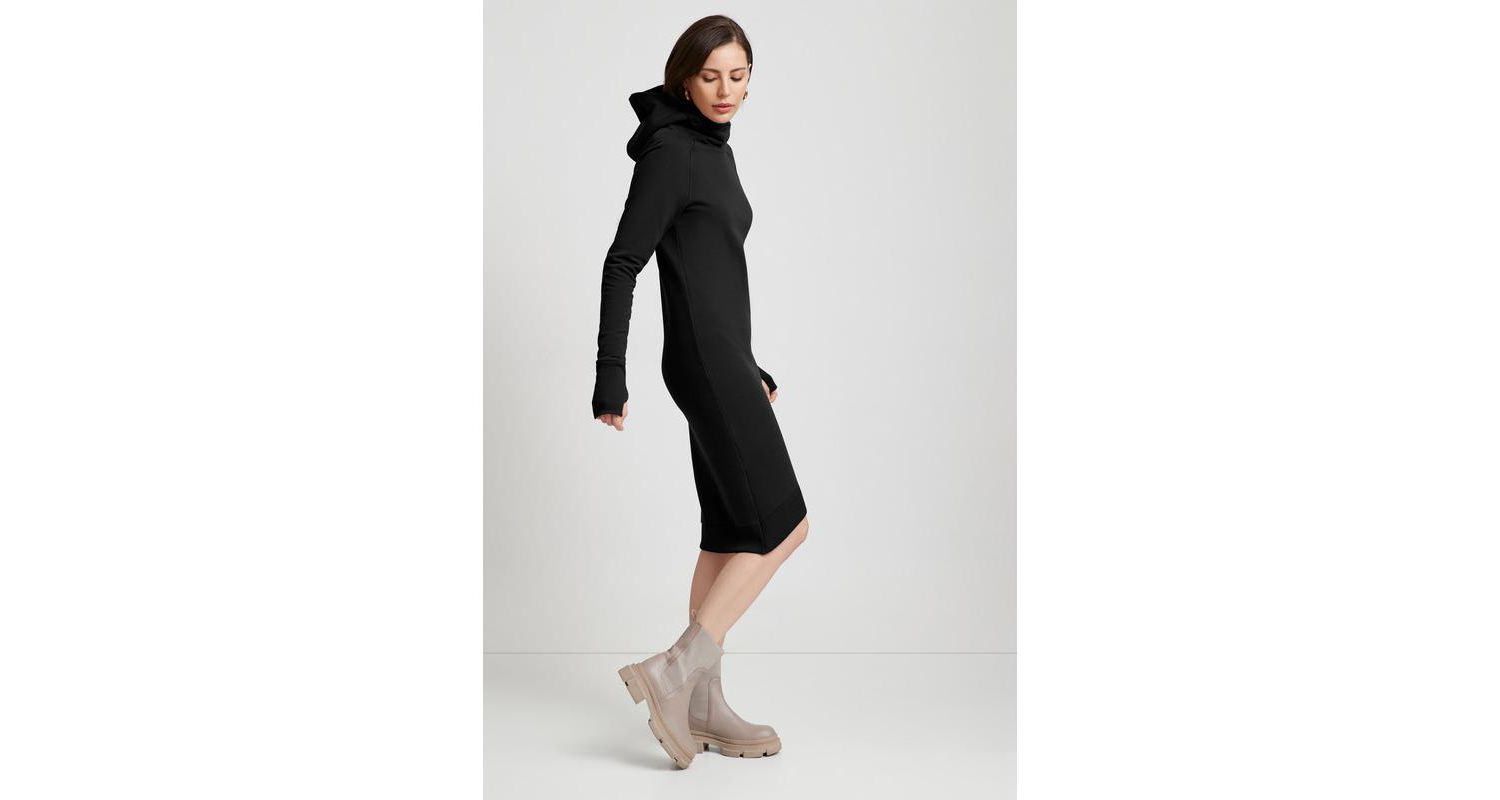 Women's Walker Hooded Midi Sweatshirt Dress with Layered Tulip Hem