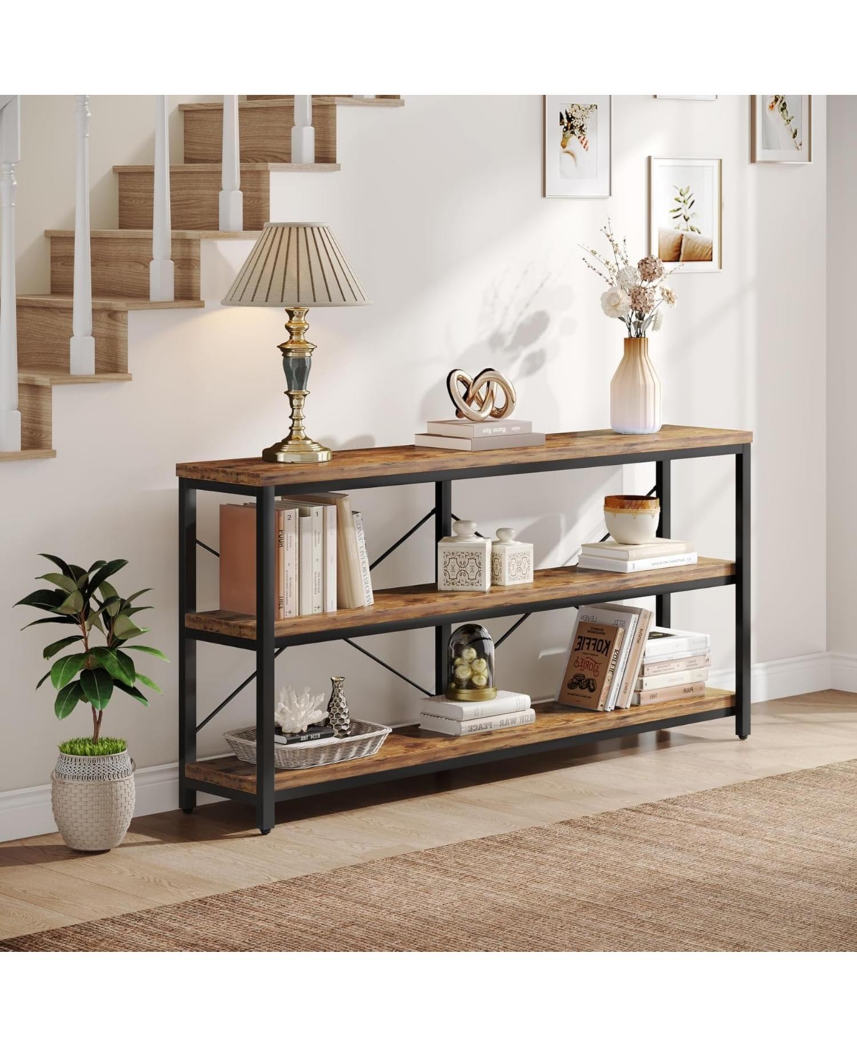Tribesigns 55-Inch Industrial Sofa Table, 3-Tier Console Table with Metal Frame and Open Shelves - Brown and black