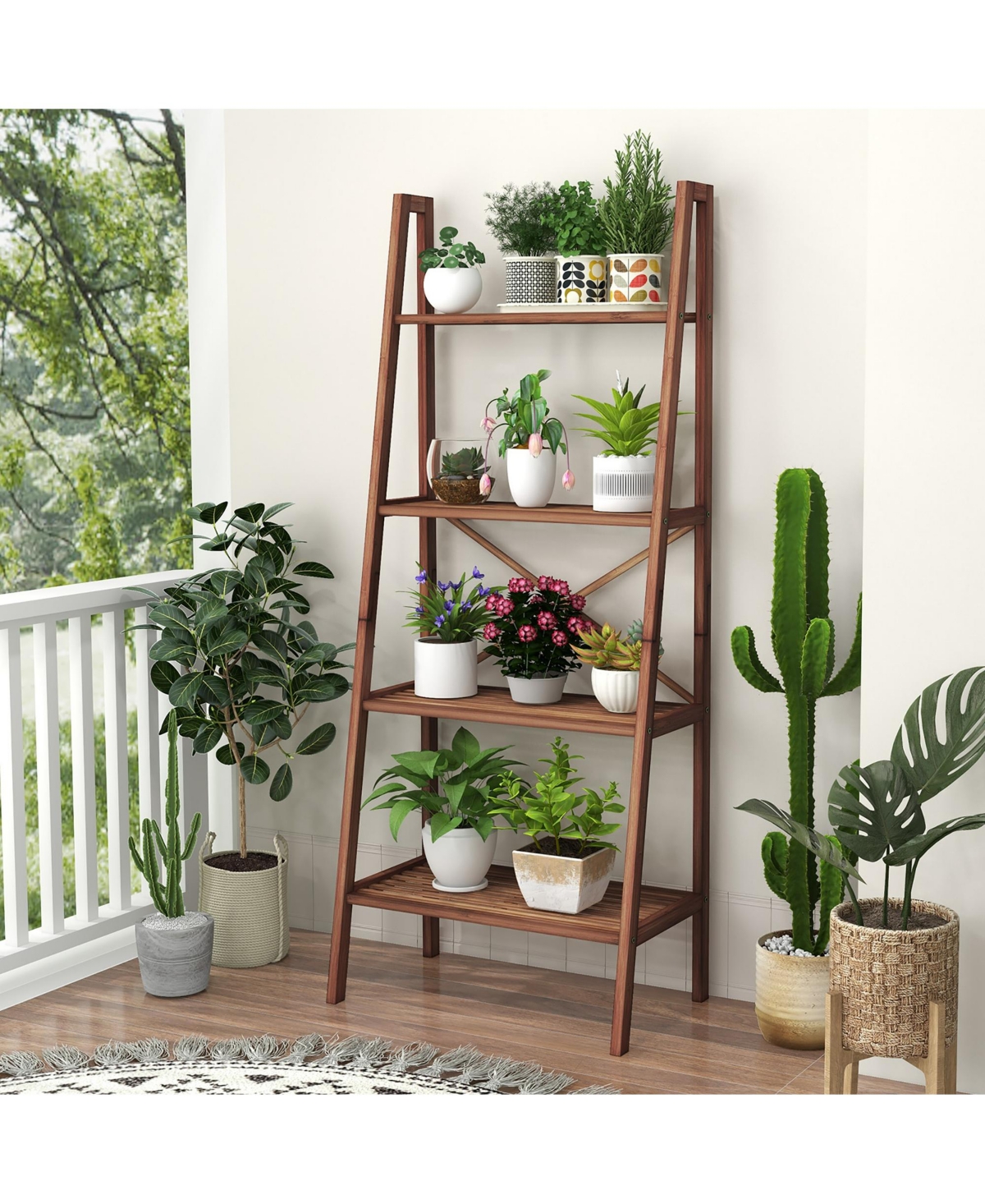 Gymax 4-Tier Bamboo Ladder Bookshelf 58'' Display Shelf Storage Rack Plant Flower Stand