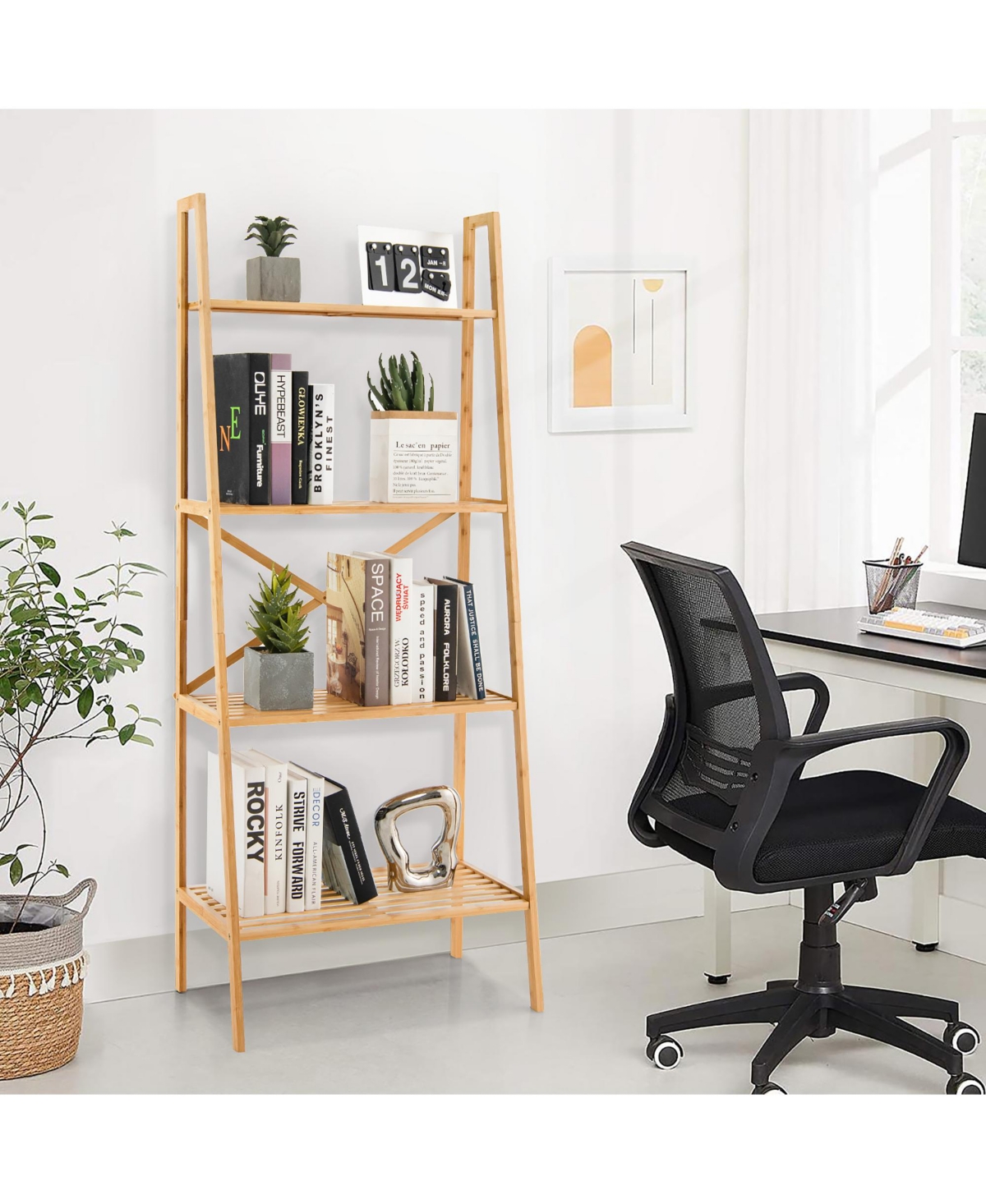 Gymax 2PCS 4-Tier Bamboo Ladder Bookshelf 58'' Display Shelf Storage Rack Plant Stand