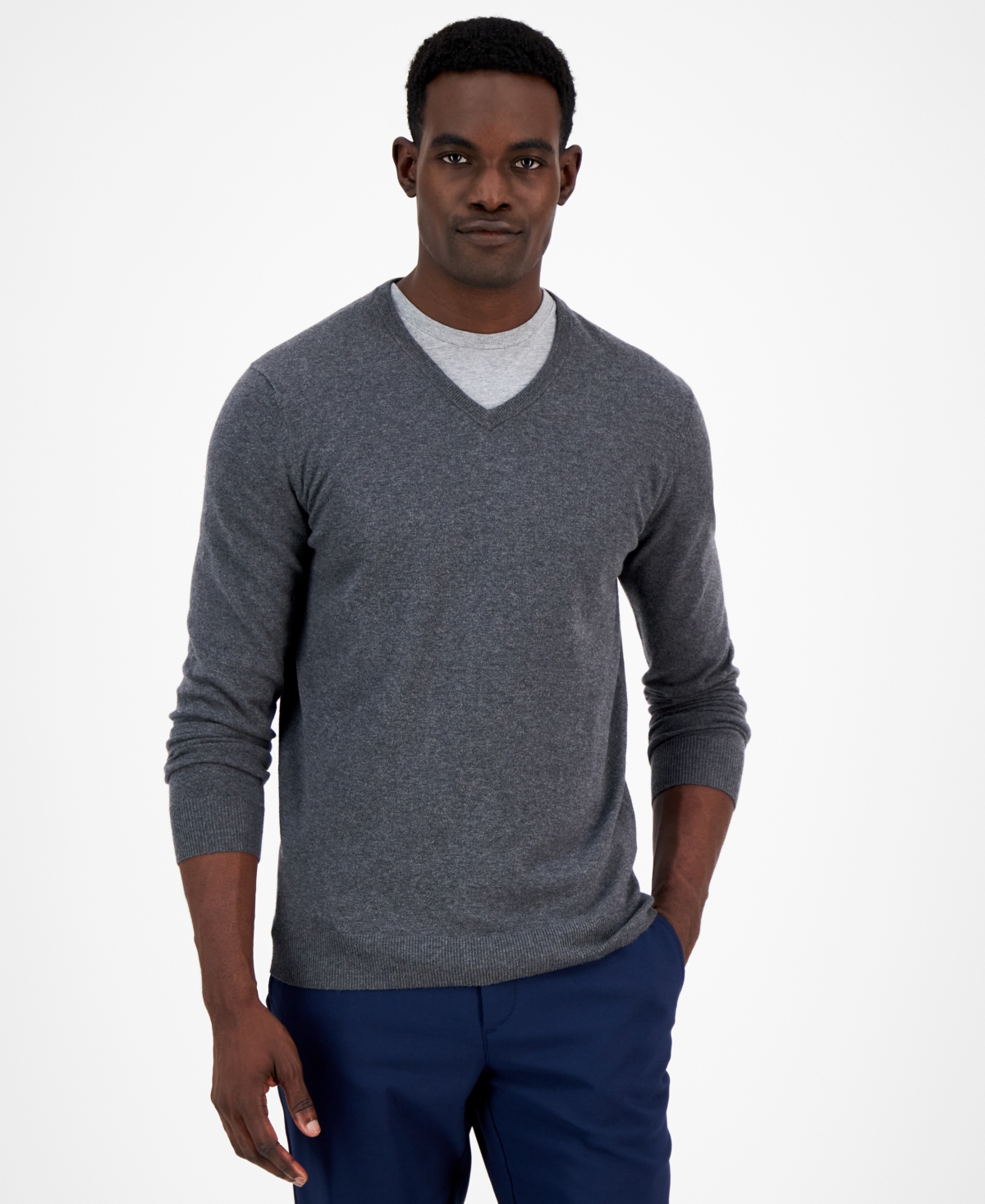 Men's Solid V-Neck Cotton Sweater, Created for Macy's - Charcoal Heather