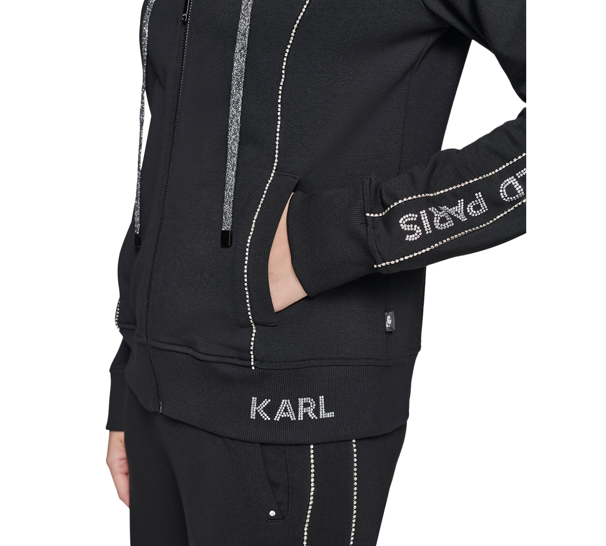 Karl Lagerfeld Paris Women's Petite Embellished Logo Zip Up Hoodie