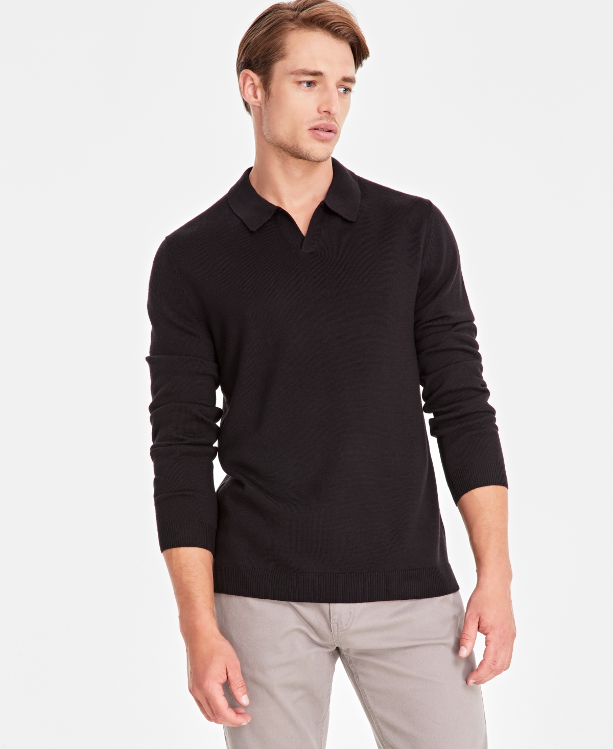 Men's Long-Sleeve Johnny Collar Merino Sweater, Created for Macy's - Deep Black