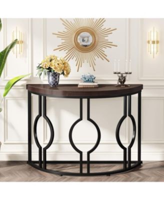 Half Moon Console Table for Entryway, 43 Inch Industrial Semi Circle Sofa Table with Geometric Base, Wood Accent Table for Living Room, Hallway, Foyer, Entrance