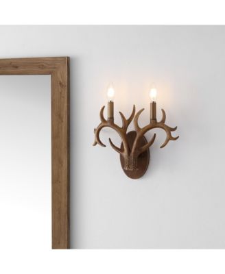 Oakley 13.25" 2-Light Southwestern Bohemian Resin/Iron Faux Antler LED Sconce, Brown Wood Finish