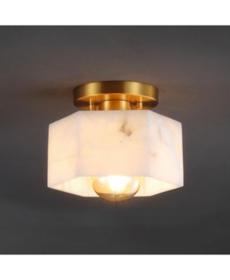 Tessa 8" 1-Light Modern Contemporary Alabaster/Iron Hexagonal LED Semi Flush Mount, White Marbling/Brass Gold