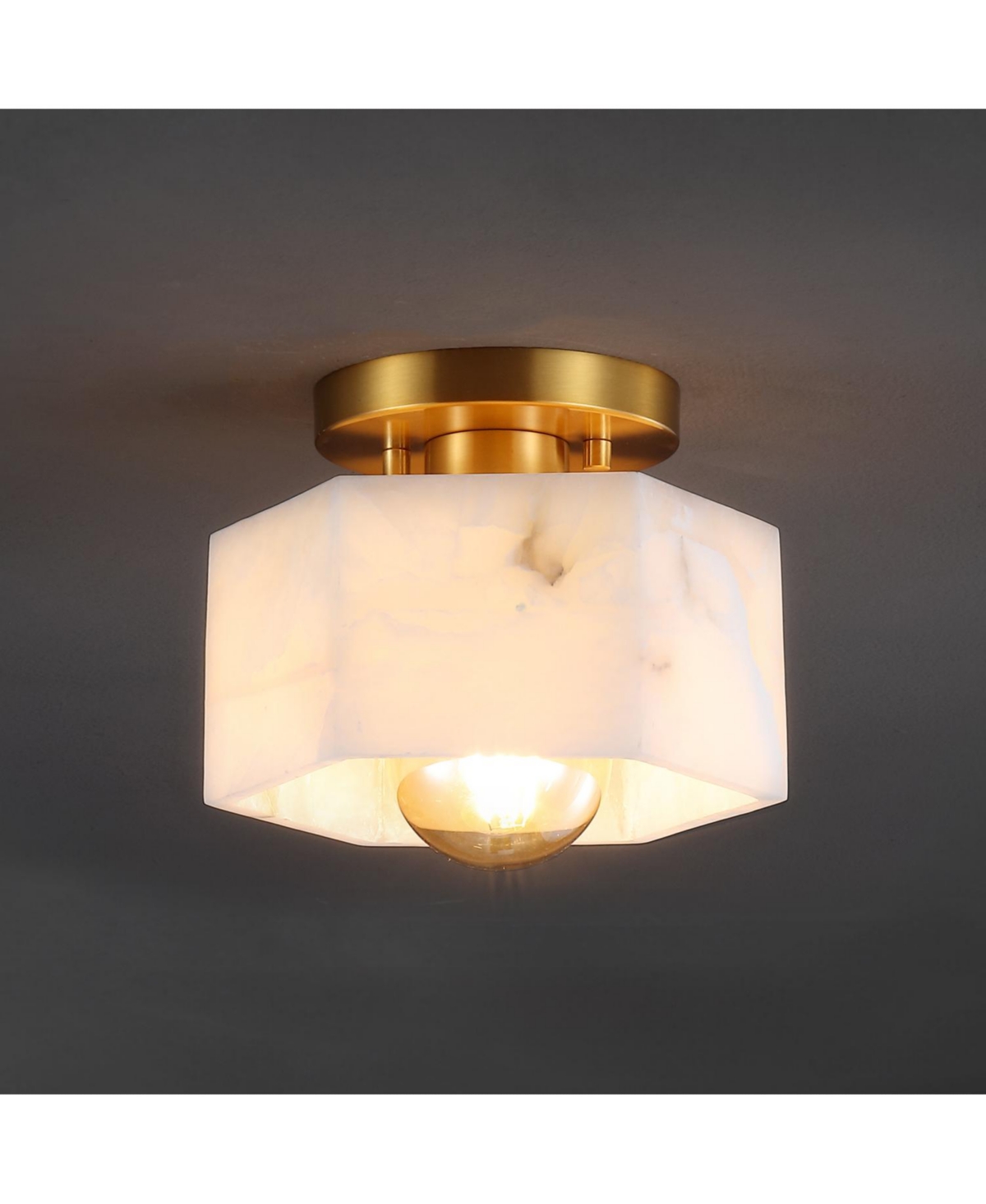 Jonathan Y Tessa 8" 1-Light Modern Contemporary Alabaster/Iron Hexagonal Led Semi Flush Mount, White Marbling/Brass Gold