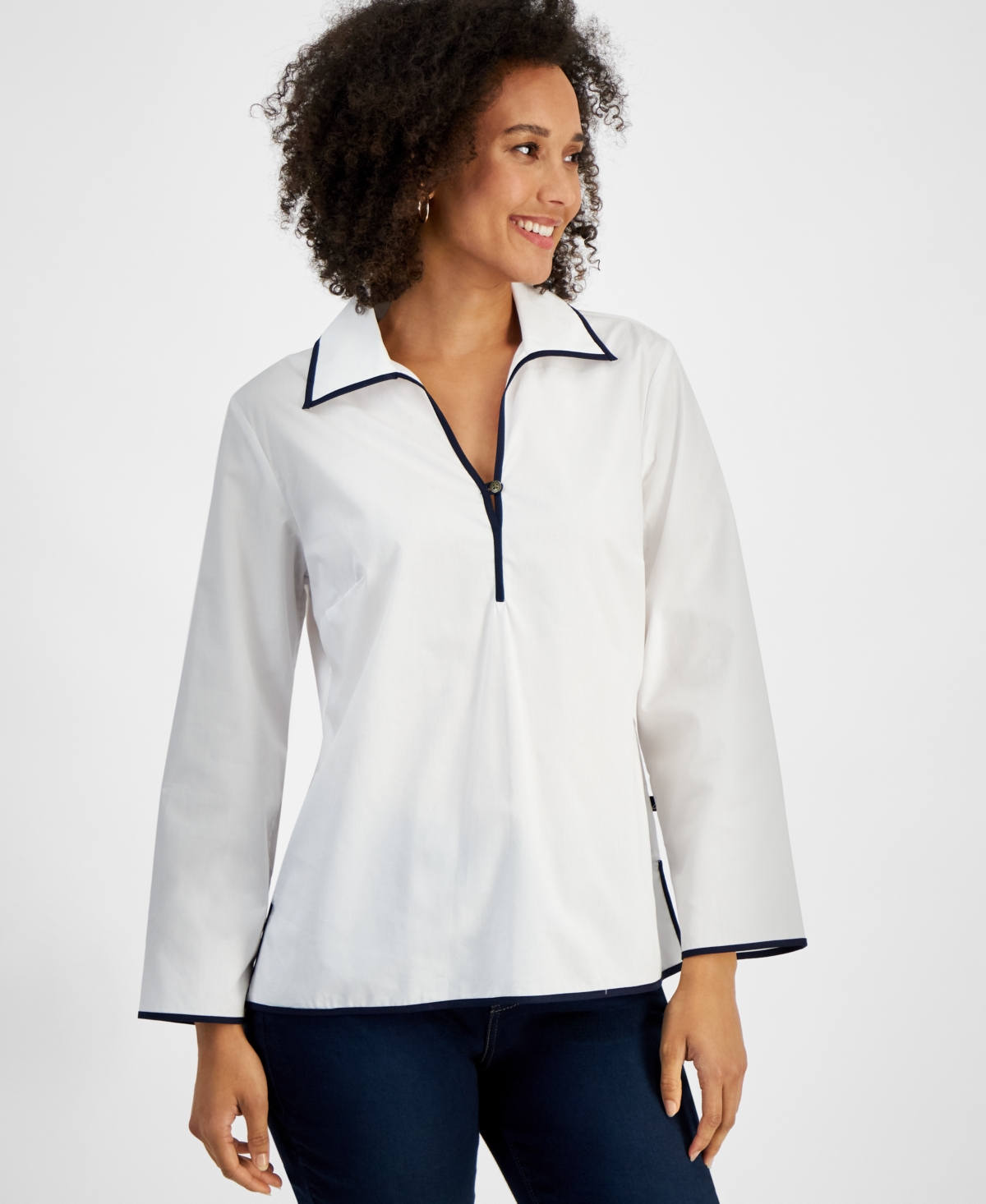 Women's Cotton Spread-Collar Long-Sleeve Top - Bright White