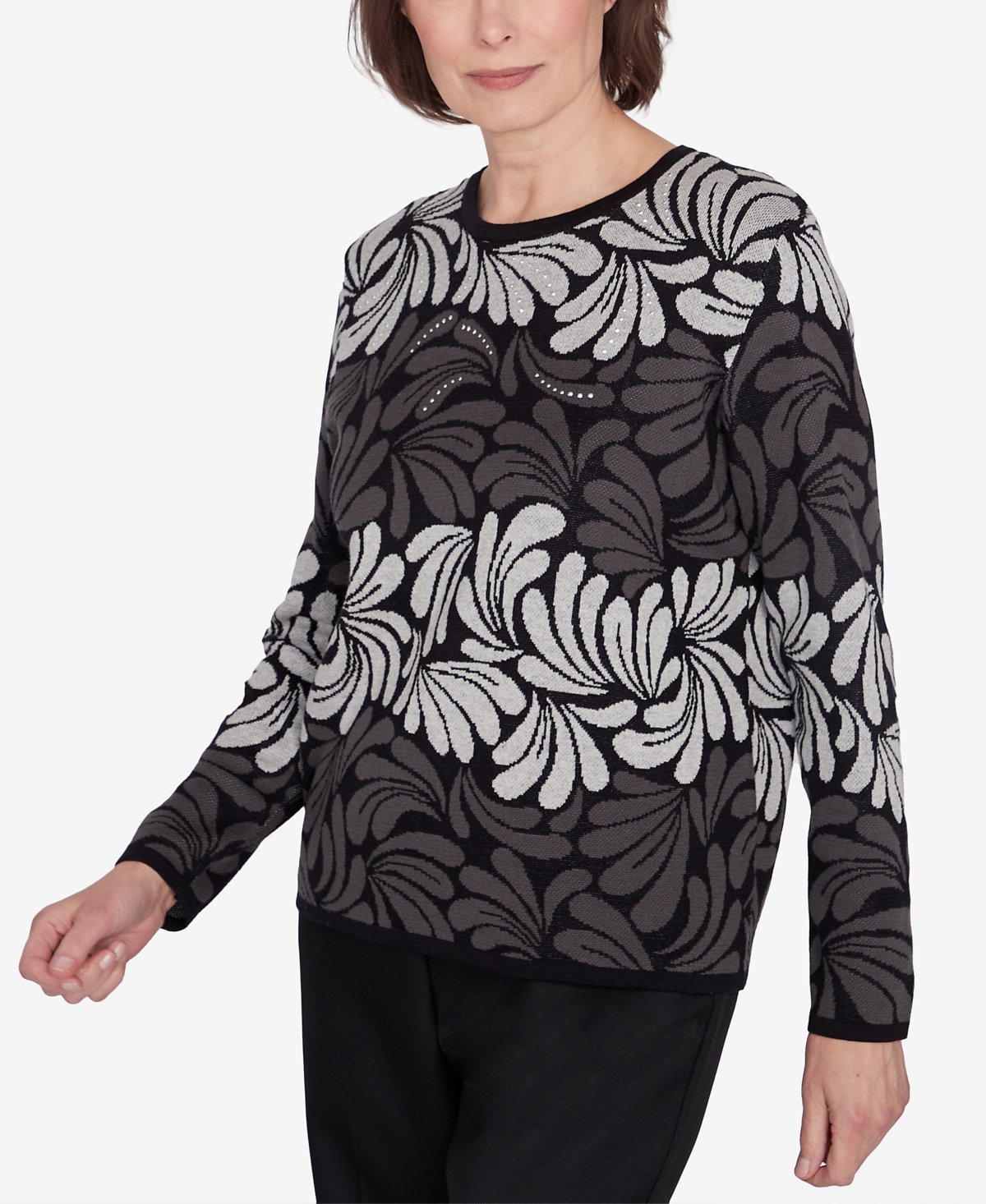 Alfred Dunner Petite Classics Geometric Ombre Scroll Sweater In Charcoal