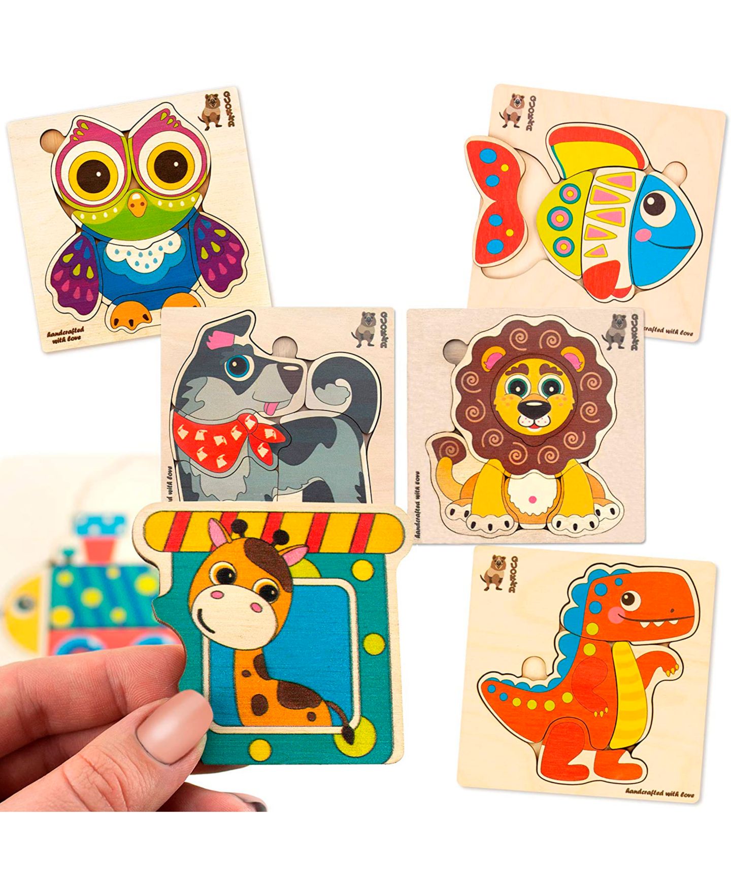 Детские игрушки Quokka Wooden Montessori Puzzles, 6-Piece, Ages 1+, цвет: Cartoonish Animals — фото 8