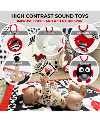 High Contrast Padded Baby Mat for Floor Tummy Time with 6 Toys