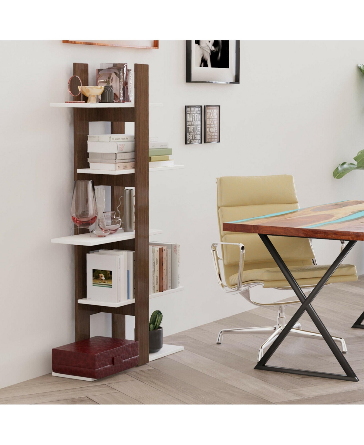 Gymax 5-Tier Bookshelf Freestanding Storage Shelf Tree Bookshelf Room Divider - Brown+white