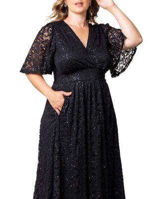 Plus Size Luminous Sequin Lace Evening Gown with Pockets