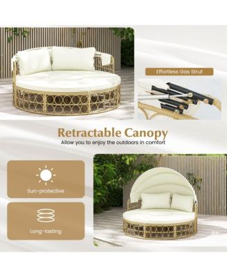 Outdoor Patio Round Daybed with Retractable Canopy Soft Cushions for Garden