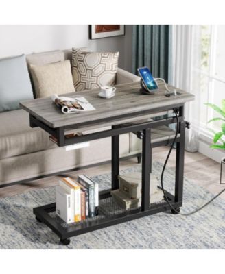 Small Portable Desk with Power Outlet, Height Adjustable Laptop Table with Wheels, Mobile Standing Computer Cart