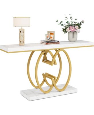 55-Inch Faux Marble Gold Geometric Metal Base Modern Console Table