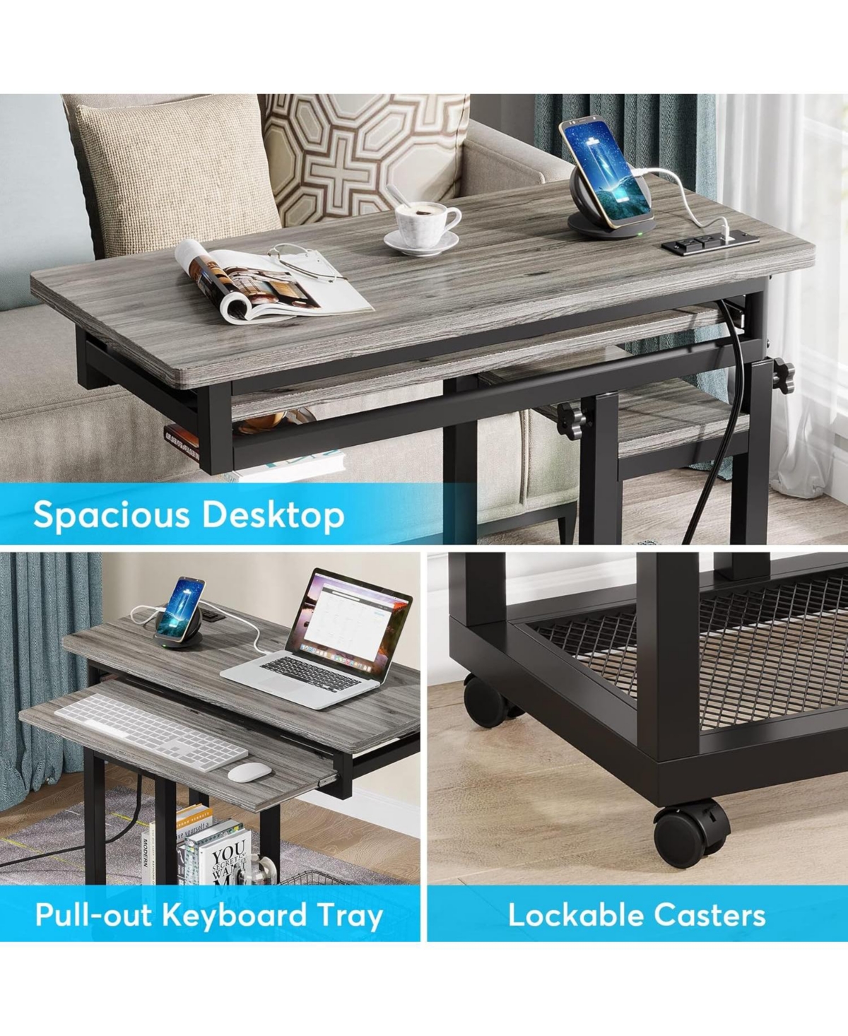 Tribesigns Portable Desk with Power Outlet, Height Adjustable Sofa Couch Bedside Laptop Table with Wheels, Mobile Standing Desk Rolling Computer