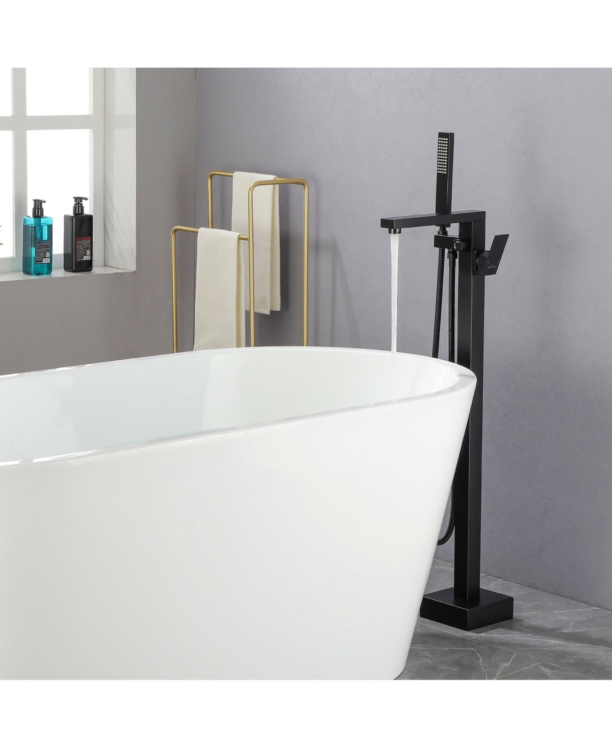Boyel Living Freestanding Floor Mount Single Handle Bath Tub Filler Faucet with Handheld Shower