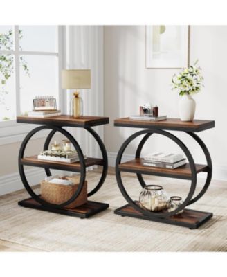 End Table Set of 2, Narrow End Table with 3 Storage Shelves, Wooden Nightstand with Metal Frame, Small Sofa Side Table