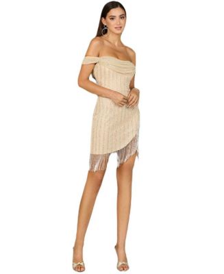 Lara Women s Off Shoulder Fringe Wrap Dress Nude