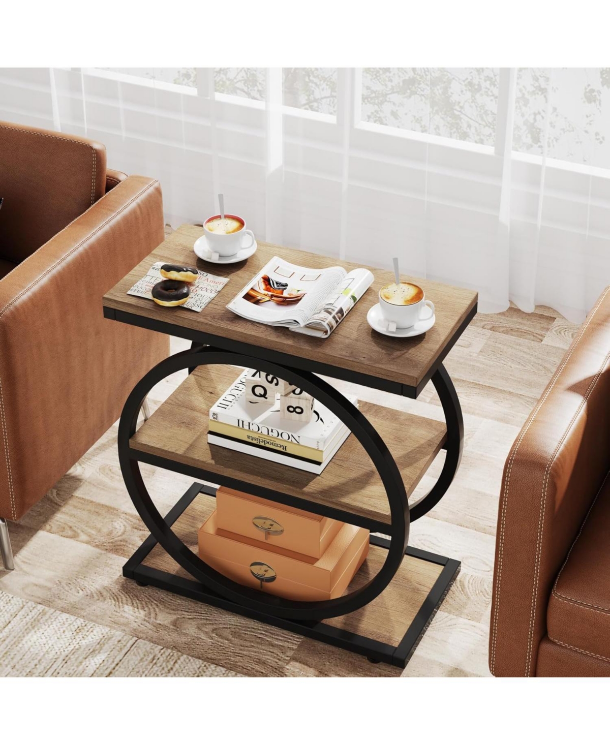 Tribesigns End Table, Narrow End Table with 3 Storage Shelves, Wood Side Table with Black Metal Frames, Industrial Sofa Side Table for Living Ro
