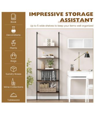 5 Tier Ladder Shelf 71'' Height Wall-Mounted Bookshelf Display Storage Organizer