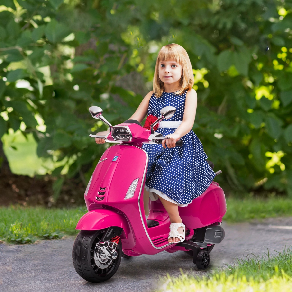 Qaba Vespa Licensed Electric Motorcycle for Kids W/ Music, Fm Radio,- Pink