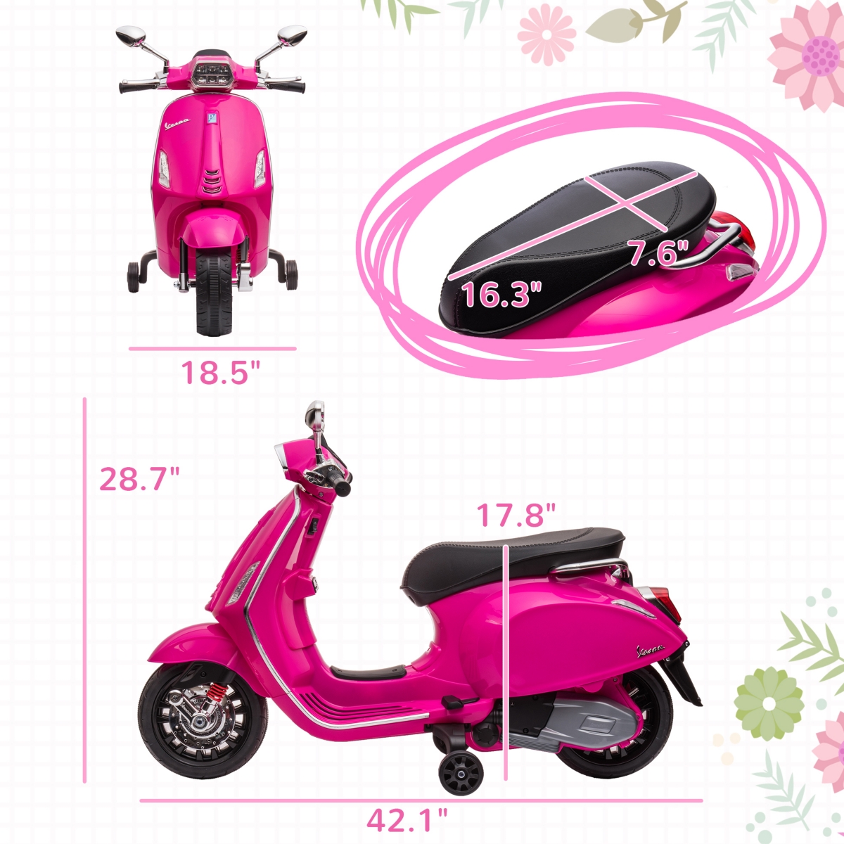 Qaba Vespa Licensed Electric Motorcycle for Kids W/ Music, Fm Radio,- Pink