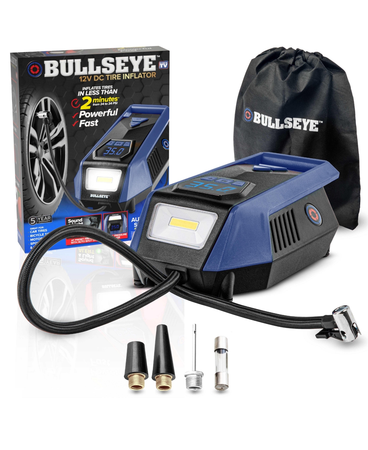 Bullseye 150 Psi Handheld Tire Inflator with Digital Pressure Gauge, Sound and Light Alert