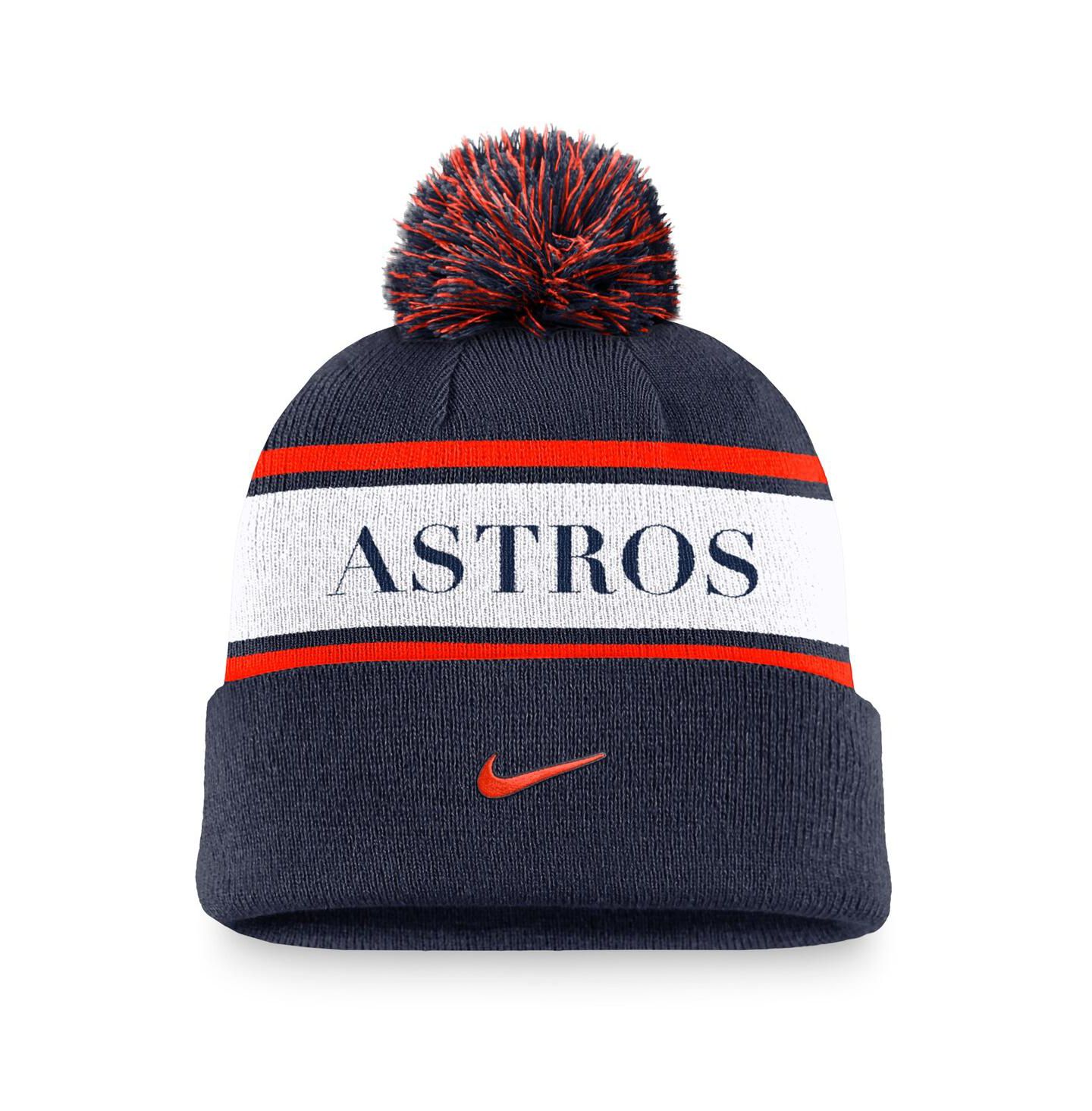 Мужская шапка Nike Navy Houston Astros Team Stripe Peak Cuffed Knit Hat with Pom — фото 2
