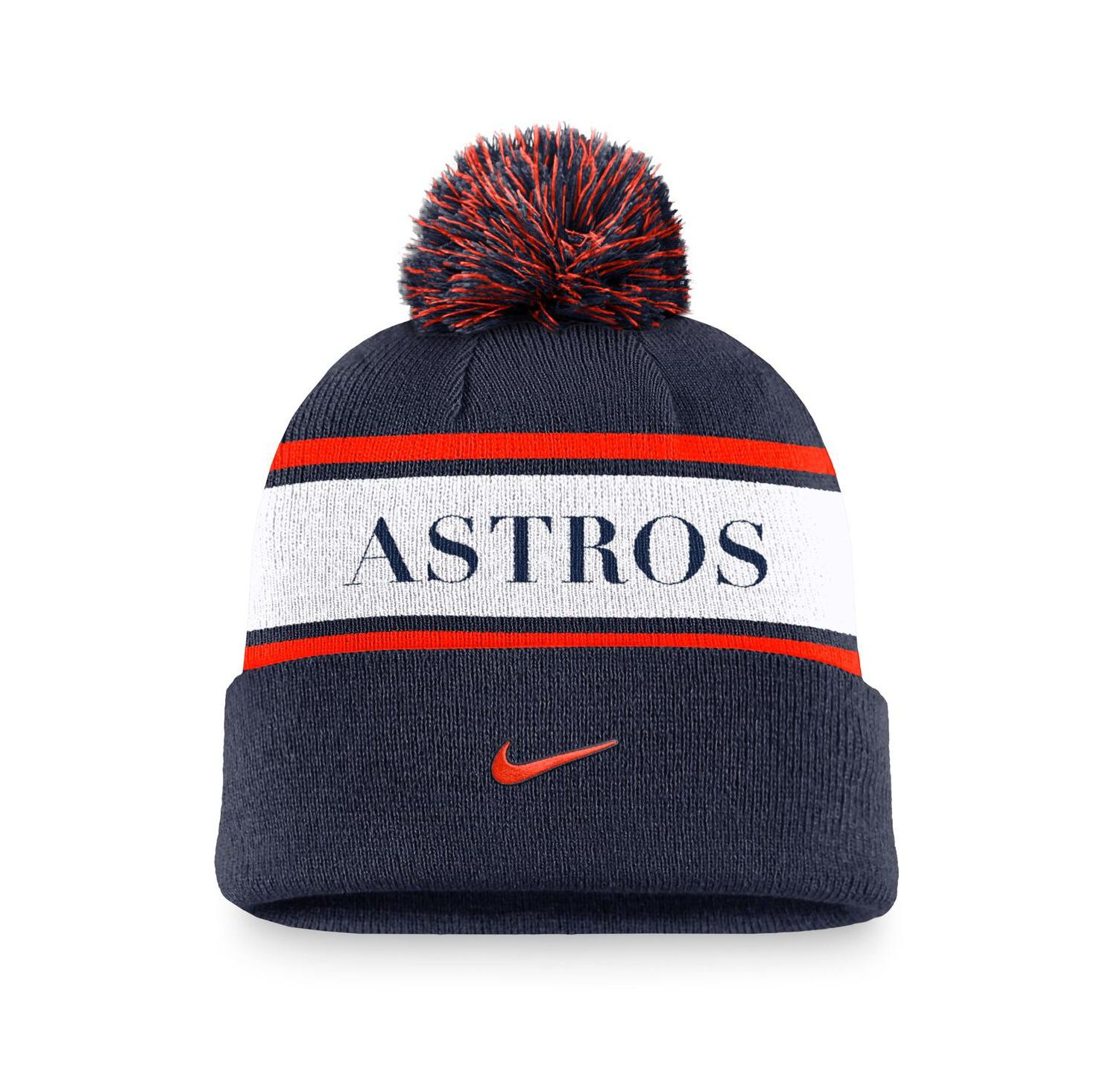 Men's Navy Houston Astros Team Stripe Peak Cuffed Knit Hat with Pom