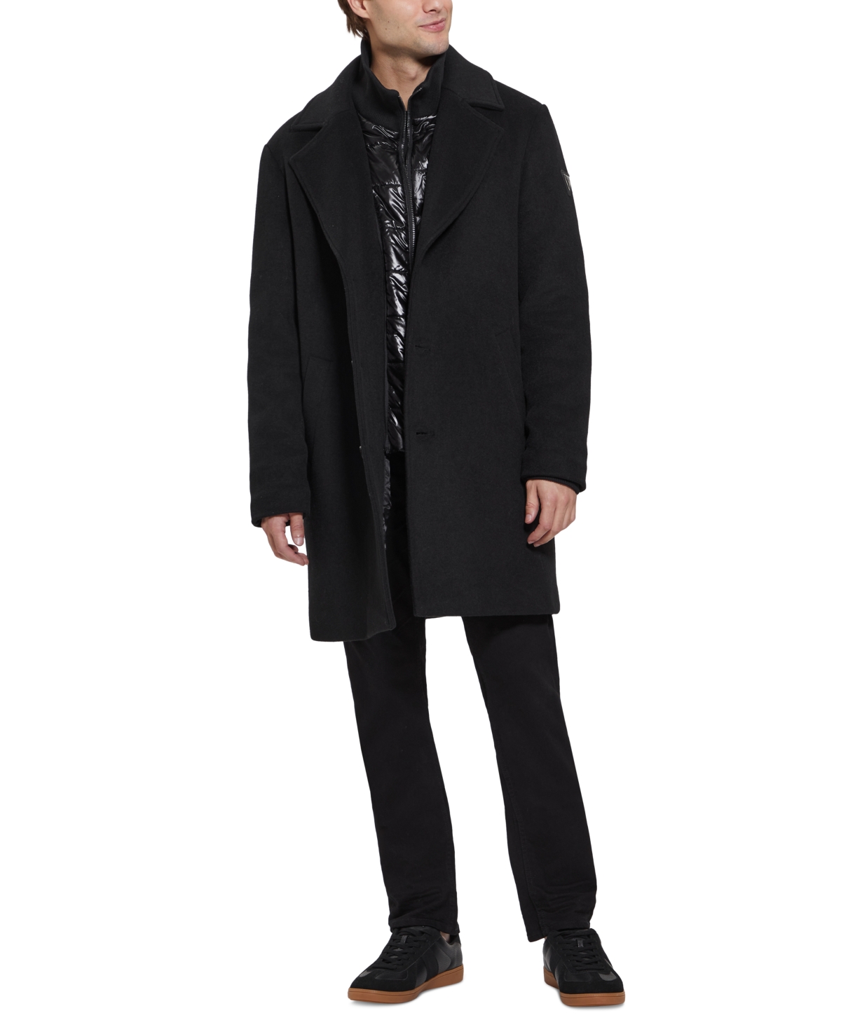 Guess Men's Wool Blend Coat With Removable Quilted Bib In Jet Black