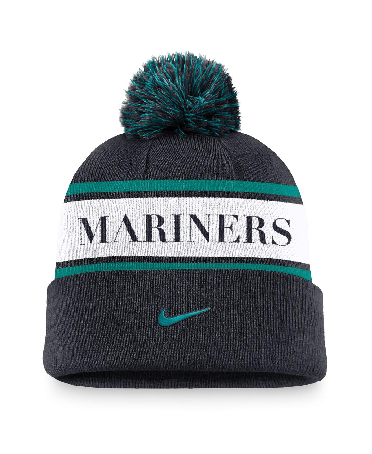 Nike Men'sSeattle Mariners Team Stripe Peak Cuffed Knit Hat with Pom - Navy