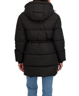 Women's 3/4 Cozy Lined Hooded Puffer Coat With Drawstring Waist